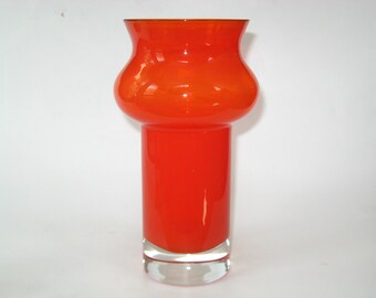 Bo Borgstrom Aseda Sweden Opalescent Orange Glass Cased Hooped Vase; Vintage 1960s MCM Paperweight Base