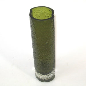 Tamara Aladin Riihimaki Finland #1456 Off-Sided Vase in Olive Green; MCM Ice Textured Glass Riihimaen Lasi Oy