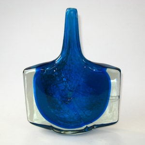 MDINA Michael Harris Art Glass HUGE Axe Fish Head Turquoise Blue Vase Signed & Label; Vintage Mid Century Modern Mouth Blown Vessel EUC!