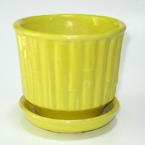 McCoy Pottery Yellow Bamboo 4.5&quot; Planter w/ Attached Saucer; Retro Vintage Horticultural Line Flower Pot EUC