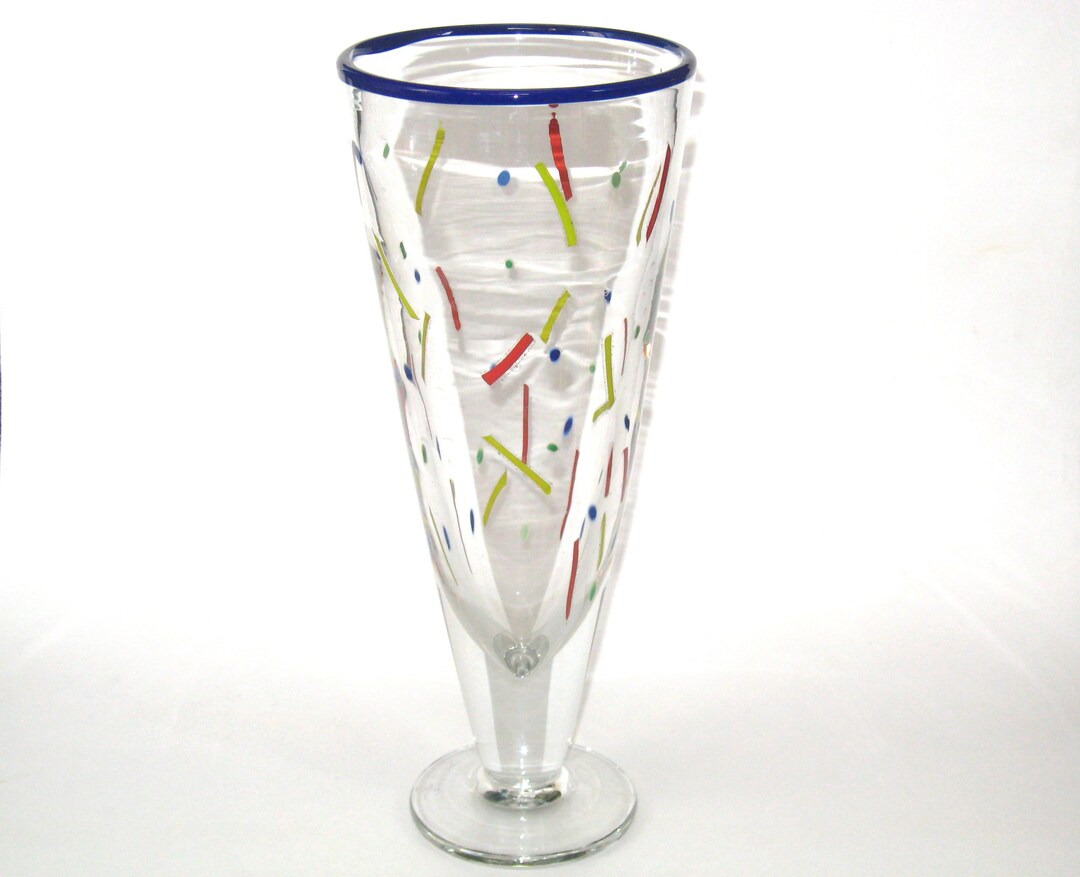 John Burchetta Studio Art Glass 13 Tall Trumpet Vase W/ Confetti Blue Lip Wrap 1990s Signed