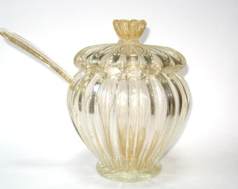 Barovier & Toso Murano Cordonato D’Oro Covered Sauce / Punch Bowl + Ladle Footed Urn; Mid Century Modern Italian Art Glass