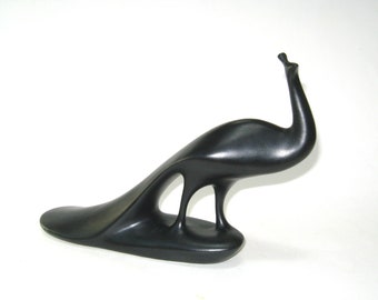 Royal Dux Bohemia Black Matte Porcelain Peacock Figurine Jaroslav Jezek Design; Modernist Czechoslovakia Sculpture