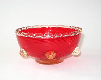 Salviati Ruby Red Swirl Ribbed Venetian Bowl w/ Aventurine Glass Foot and Raspberry Prunts; Vintage Handmade Murano Italy