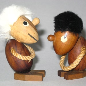 Hans Bolling Inspired Optimist & Pessimist 2.75&quot; Figurines - Vintage Danish Modern Teak Wood Figurine Toys