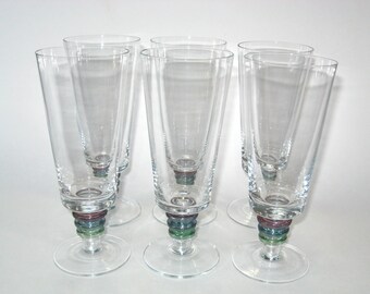 Block Crystal CARNIVAL Set of 6 Iced Tea Glasses Iridescent Multi-Color Stacked Ring Stems; Vintage 1990s Please read