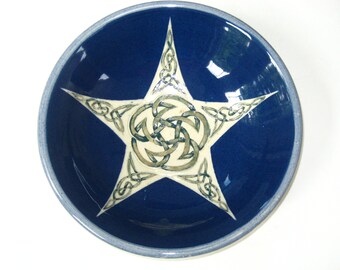 Perryport Pottery Scotland Hand Made Blue 10" Bowl Inscribed Celtic Knot in Star Pattern; Vintage 1980s Studio Art