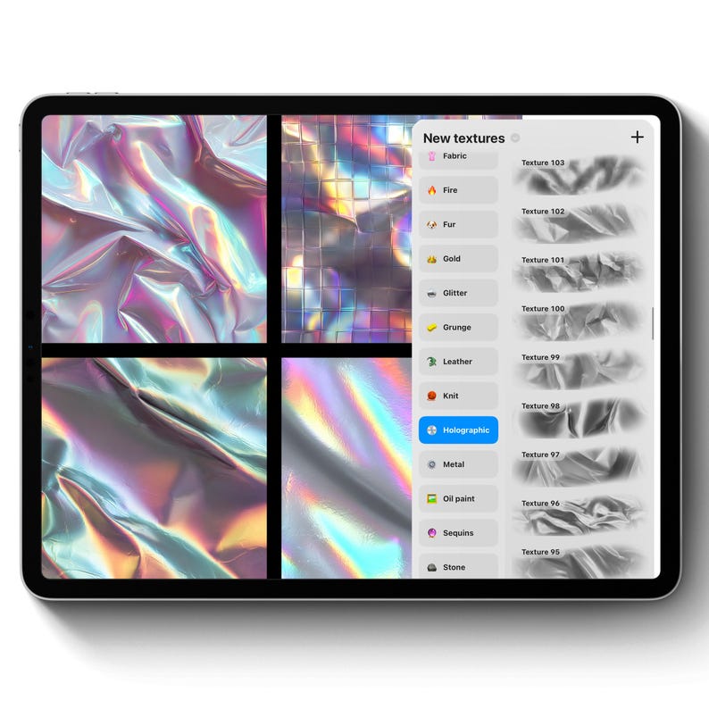 May include: A digital tablet displays a selection of holographic fabric textures. The screen shows four square samples of iridescent material, along with a menu of new textures, including fire, fur, and glitter. The tablet is white with a black border.