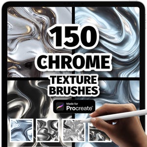 Puede incluir: Una tableta digital muestra 150 pinceles de textura cromada. La pantalla presenta una cuadrícula de texturas metálicas en tonos plateados y negros. El texto "150 CHROME TEXTURE BRUSHES" es visible. Una mano sostiene un lápiz óptico blanco.