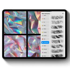 May include: A digital tablet displays a design interface with holographic fabric textures. The screen is divided into four quadrants showcasing iridescent, crumpled fabric samples. A sidebar lists texture categories, including "Holographic."