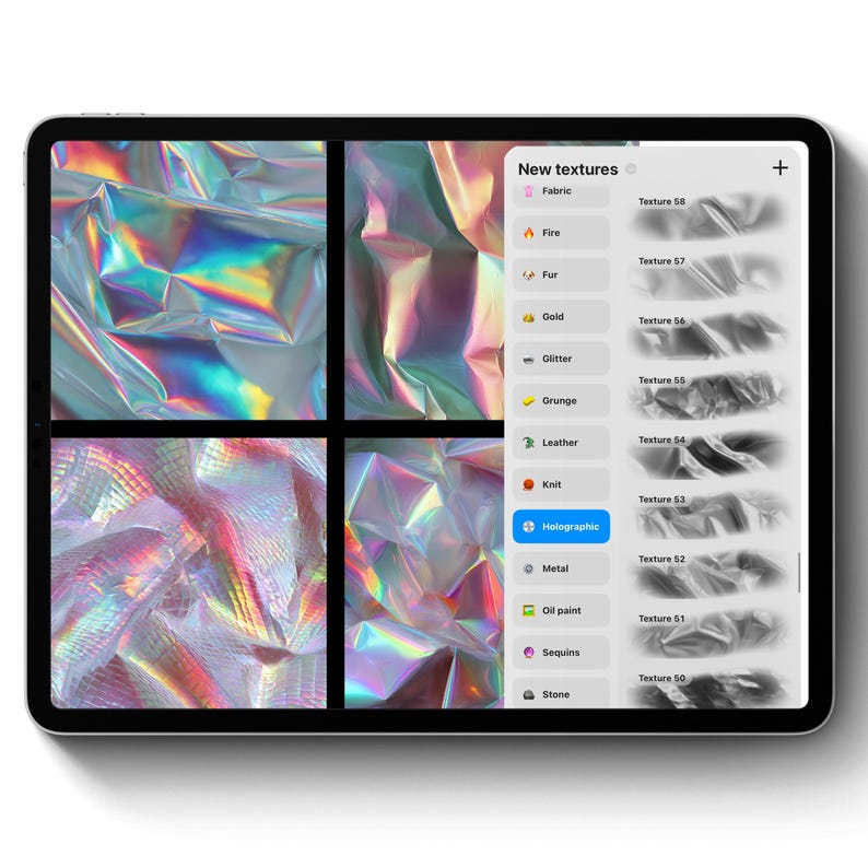 May include: A digital tablet displays a design interface with holographic fabric textures. The screen is divided into four quadrants showcasing iridescent, crumpled fabric samples. A sidebar lists texture categories, including "Holographic."