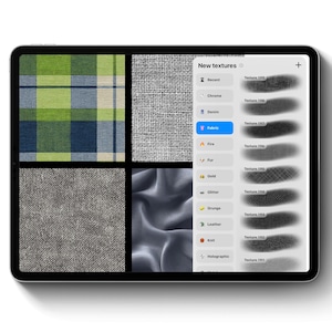 May include: A digital tablet displays a selection of fabric textures, including plaid, linen, and satin. The screen also shows a menu labeled "New textures" with options like "Fabric," "Denim," and "Leather."