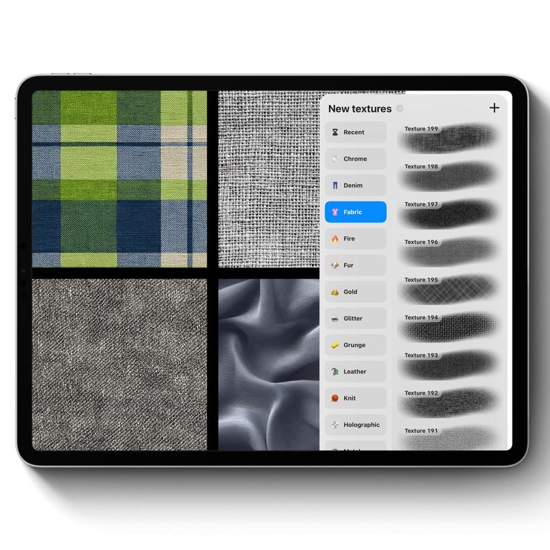 May include: A digital tablet displays a selection of fabric textures, including plaid, linen, and satin. The screen also shows a menu labeled "New textures" with options like "Fabric," "Denim," and "Leather."