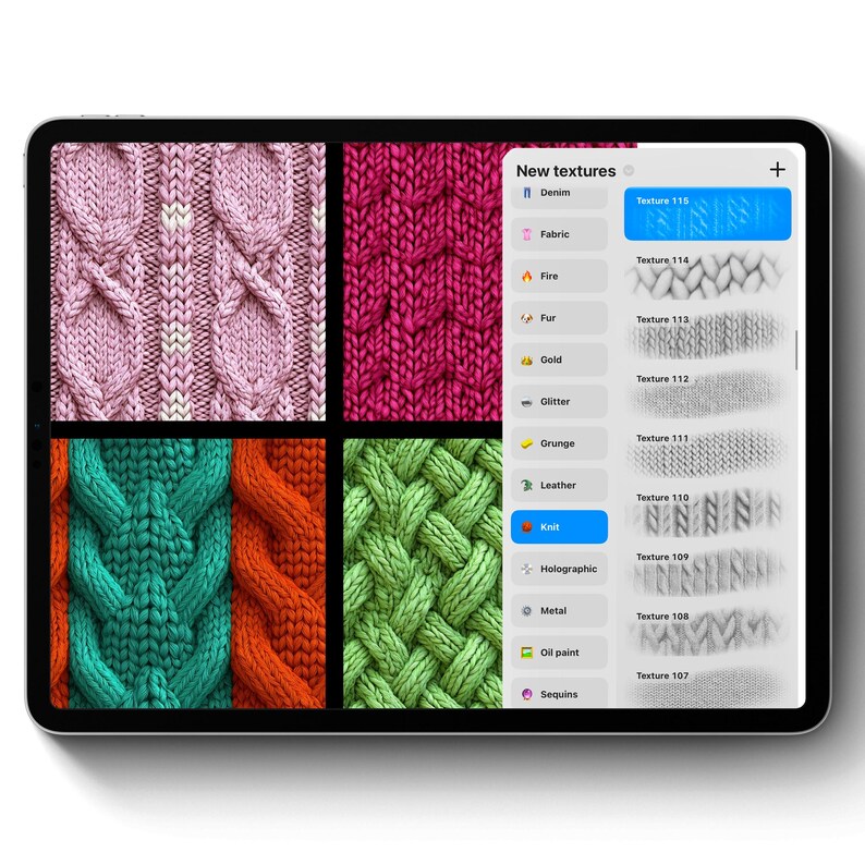 Puede incluir: Una tableta muestra un programa de arte digital con varias opciones de texturas de punto. La pantalla muestra cuatro muestras de tejido de punto en rosa, magenta, verde azulado y naranja, junto con un men&uacute; de estilos de textura. El men&uacute; incluye opciones para mezclilla, tela, fuego, piel y punto.