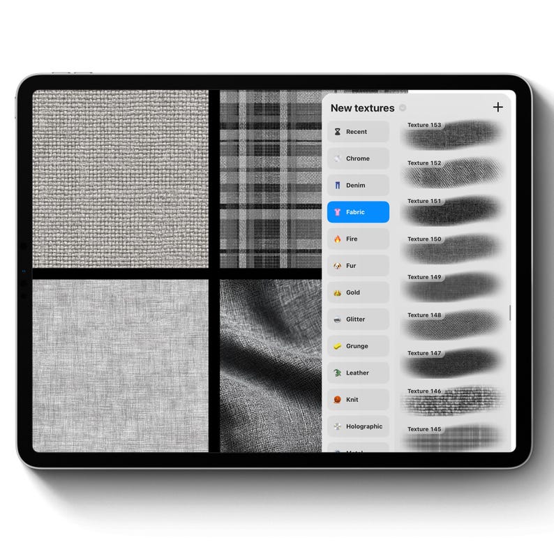 May include: A digital tablet displays a design interface with fabric texture options. The screen shows a grid of fabric swatches in various gray tones, alongside a menu of texture categories like "Fabric," "Denim," and "Leather." The interface also includes brush stroke textures.