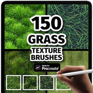 May include: A digital tablet displays a grid of four green grass textures, with the text "150 GRASS TEXTURE BRUSHES." The image includes the Procreate logo and the words "Made for Procreate." A hand holds a white stylus, pointing to the grass textures.