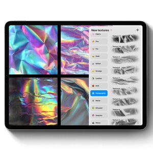 May include: A digital tablet displays a design interface with holographic textures. The screen shows four holographic fabric samples in vibrant colors, alongside a menu with texture options like fire, fur, and glitter. The text "New textures" is visible.