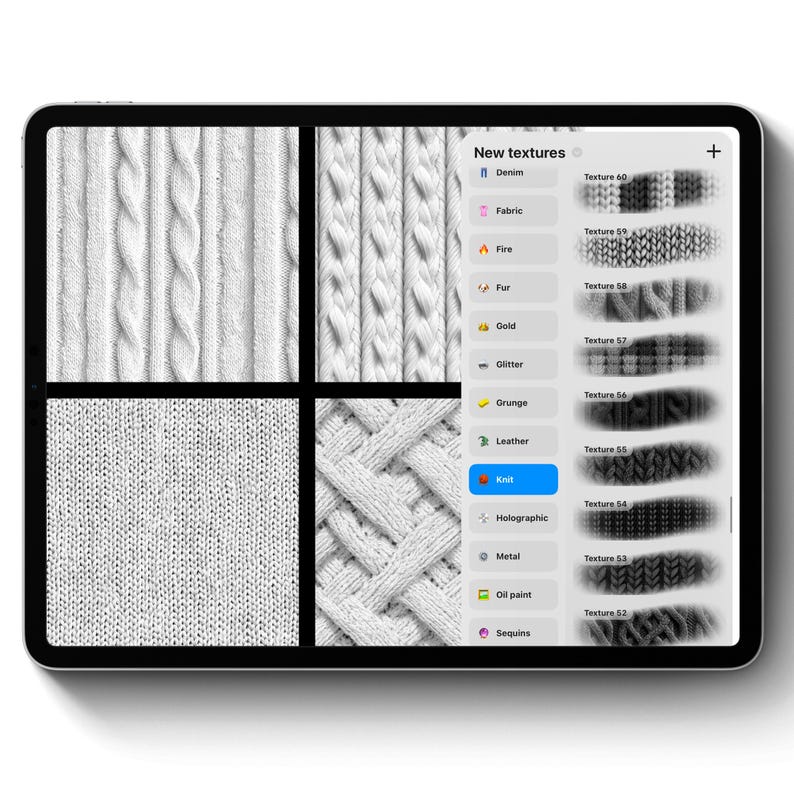 Puede incluir: Una tableta digital muestra una selecci&oacute;n de texturas de tejido de punto. Se muestran cuatro patrones de tejido blanco en la parte superior izquierda, y un men&uacute; a la derecha enumera opciones de textura, incluyendo "Denim", "Fabric" y "Knit".