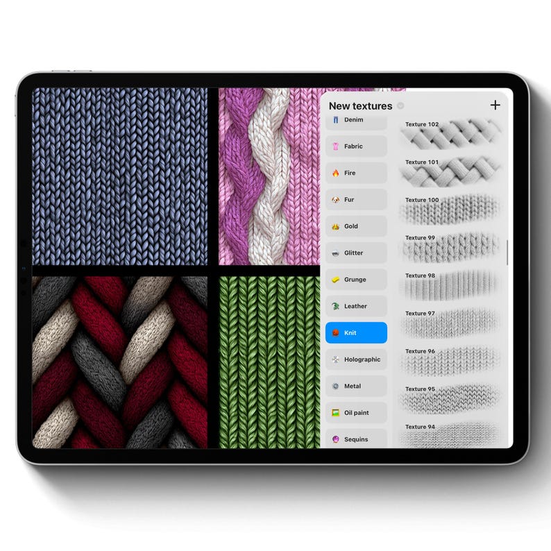 Puede incluir: Una tableta digital muestra una variedad de texturas de tejido de punto. La pantalla muestra muestras en azul, rosa, rojo y verde, junto con un men&uacute; de otras opciones de textura como mezclilla, fuego y cuero. El texto "New textures" es visible.