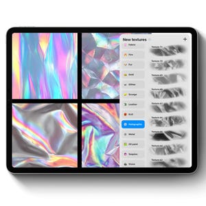 May include: A digital tablet displays a design interface with four holographic texture samples. The interface includes a menu labeled "New textures" with options like "Fabric," "Fire," and "Holographic." The tablet's screen showcases a variety of iridescent colors.