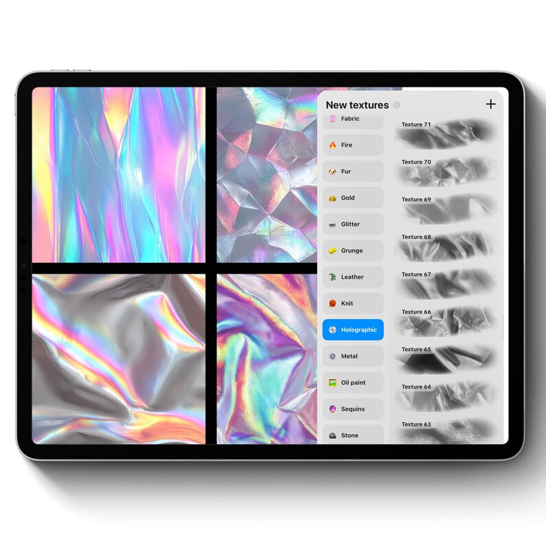 May include: A digital tablet displays a design interface with four holographic texture samples. The interface includes a menu labeled "New textures" with options like "Fabric," "Fire," and "Holographic." The tablet's screen showcases a variety of iridescent colors.