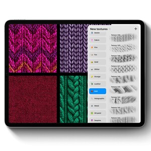 Puede incluir: Una tableta digital muestra texturas de tejido de punto. La pantalla presenta cuatro muestras de tejido en rosa, morado, rojo y verde, junto con un men&uacute; con opciones de textura como denim, tela y cuero. La interfaz es limpia y moderna.