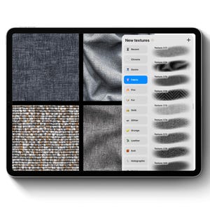 May include: A digital tablet displays fabric textures and design options. The screen shows four fabric swatches and a menu with texture categories like "Denim," "Fabric," and "Leather." A plus sign is in the upper right corner.