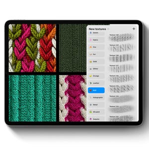 Puede incluir: Una tableta digital muestra una variedad de texturas de tejido de punto. La pantalla muestra muestras en verde, rosa, rojo y blanco. Un men&uacute; a la derecha enumera categor&iacute;as de texturas como "Vaquero", "Tejido" y "Punto."