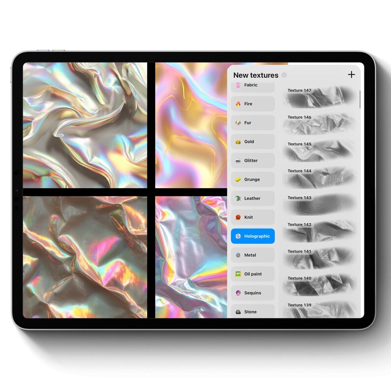 May include: A digital tablet displays a design interface with four holographic fabric textures. The interface includes a menu labeled "New textures" with options like "Fabric," "Fire," and "Holographic." The screen shows various texture samples.