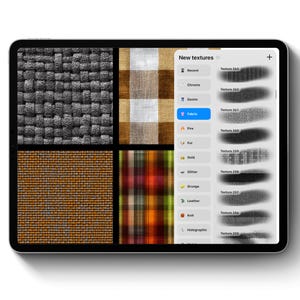 May include: A digital tablet displays a variety of fabric textures, including gray woven, brown and white checkered, orange woven, and plaid patterns. The screen also shows a menu with options like "Fabric" and "New textures."