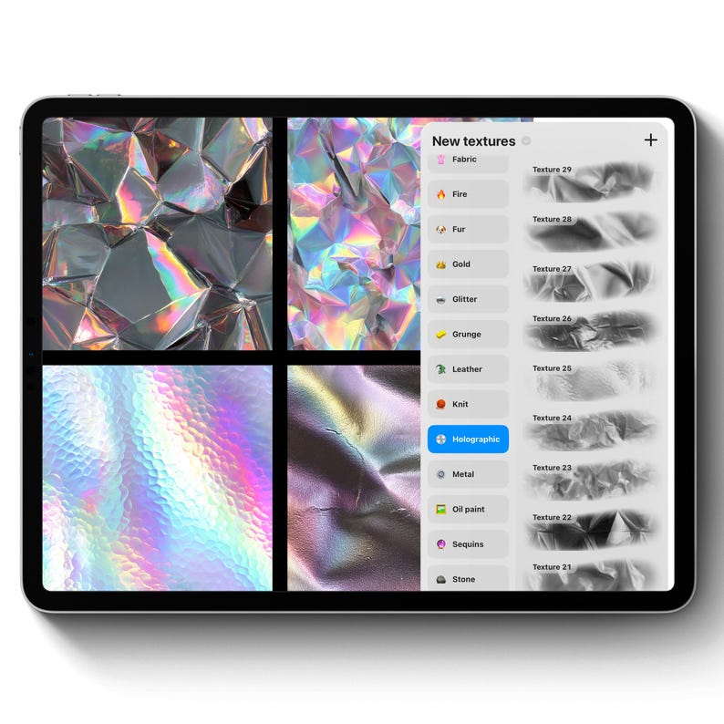 May include: A tablet displays a digital art program with various holographic textures. The screen shows four holographic patterns and a menu with texture categories like "Fabric," "Fire," and "Holographic." The interface includes a plus sign and texture previews.