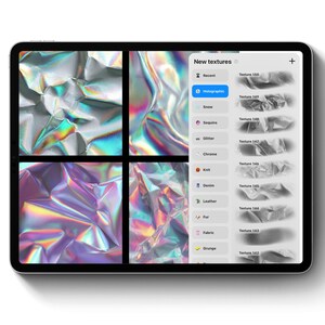 May include: A digital tablet displays a selection of new textures, including holographic, snow, sequins, glitter, chrome, knit, denim, leather, fur, and fabric. The screen shows four holographic texture samples and a menu.