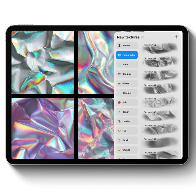May include: A digital tablet displays a selection of new textures, including holographic, snow, sequins, glitter, chrome, knit, denim, leather, fur, and fabric. The screen shows four holographic texture samples and a menu.