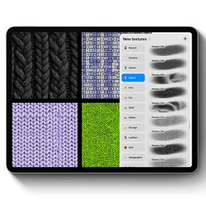 May include: A digital tablet displays a variety of fabric textures, including black knit, blue and white woven, lavender knit, and bright green knit. The screen also shows a menu with options like "Denim," "Fabric," and "Knit."