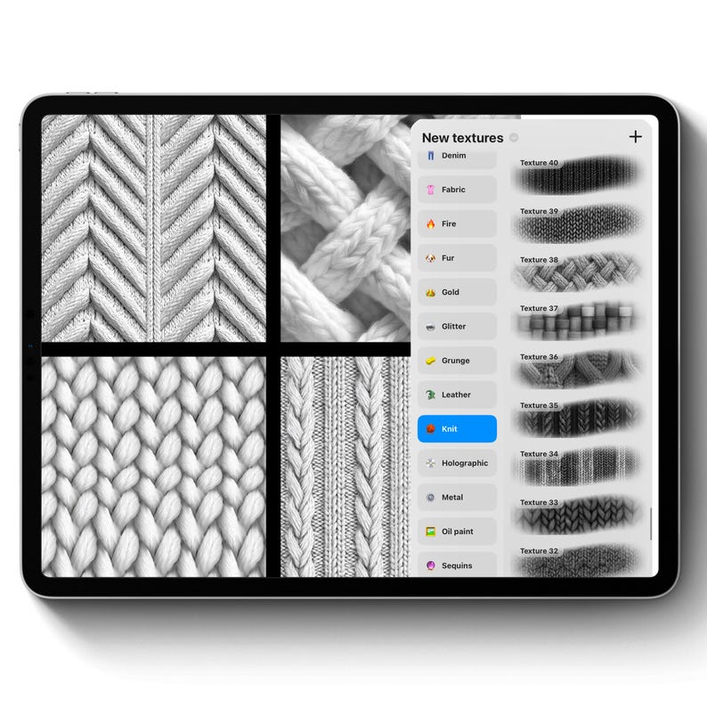 Puede incluir: Una tableta digital muestra varias opciones de texturas de punto. La pantalla muestra cuatro patrones de punto diferentes en escala de grises, junto con un men&uacute; con categor&iacute;as de texturas como "Denim", "Fabric" y "Knit". Tambi&eacute;n se ven pinceles de textura adicionales.
