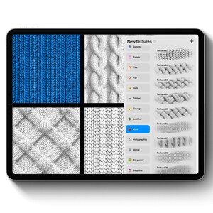 Puede incluir: Una tableta digital muestra una variedad de texturas de tejido de punto en azul y blanco. La pantalla muestra una cuadr&iacute;cula de diferentes patrones de tejido, con un men&uacute; a la derecha etiquetado como "Nuevas texturas". Las texturas incluyen mezclilla, tela, fuego, piel, oro, brillo, grunge, cuero, tejido, hologr&aacute;fico, metal, pintura al &oacute;leo y lentejuelas.
