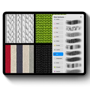 Puede incluir: Una tableta digital muestra varios patrones de textura de punto en blanco, verde, rojo, azul marino y negro. La pantalla tambi&eacute;n muestra un men&uacute; con opciones de textura como mezclilla, tela, fuego, piel, oro, brillo, grunge, cuero, punto, hologr&aacute;fico, metal, pintura al &oacute;leo y lentejuelas.