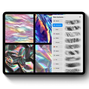 May include: A digital tablet displays a selection of holographic textures. The screen shows four colorful holographic patterns and a menu with texture options like "Snow," "Sequins," and "Glitter."