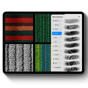 May include: A tablet displays fabric textures, including red and green striped knit, green cable knit, gray knit, and a green and blue gradient knit. The screen also shows a menu with options like "Fabric" and "Knit."