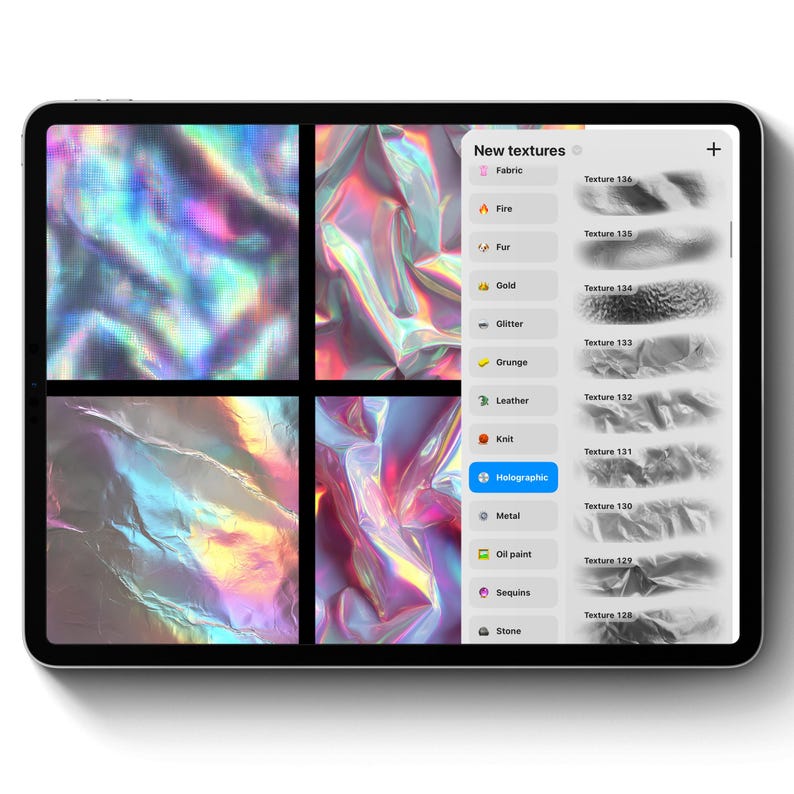 May include: A digital tablet displays a design interface with holographic textures. Four quadrants showcase iridescent fabric samples. The right side features a menu with texture categories like 'Fabric,' 'Holographic,' and 'Metal,' along with numbered texture options.