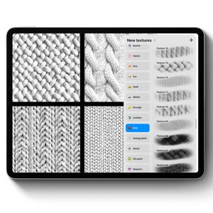 Puede incluir: Una tableta digital muestra varios patrones de textura de punto blancos. La pantalla muestra cuatro dise&ntilde;os de punto diferentes, junto con un men&uacute; de nuevas texturas, incluyendo denim, tela, fuego, piel, oro, purpurina, grunge, cuero, punto, hologr&aacute;fico, metal, pintura al &oacute;leo y lentejuelas.