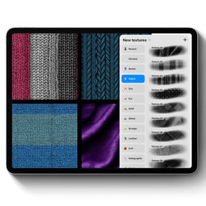 May include: A tablet displays a digital art program interface with fabric texture options. The screen shows various fabric swatches, including knit, denim, and a shiny purple material. The interface also lists texture categories like "Grunge" and "Leather."