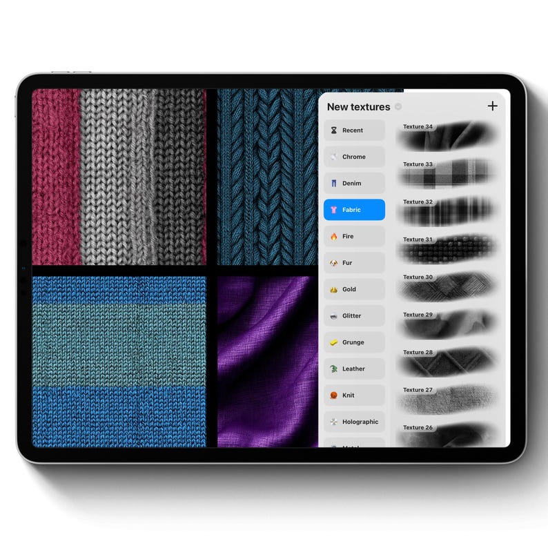 May include: A tablet displays a digital art program interface with fabric texture options. The screen shows various fabric swatches, including knit, denim, and a shiny purple material. The interface also lists texture categories like "Grunge" and "Leather."