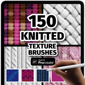 Puede incluir: Una tableta digital muestra 150 pinceles de textura de punto. La imagen presenta varios patrones de punto en blanco, rosa, morado y azul. El texto "150 KNITTED TEXTURE BRUSHES" se muestra de forma destacada. El logotipo de Procreate también es visible.