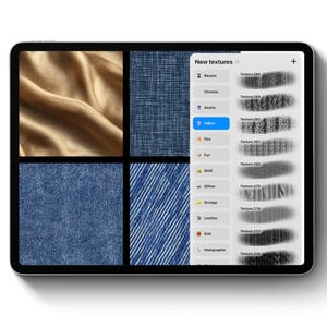 May include: A digital tablet displays fabric textures, including denim and gold satin. The interface shows options for new textures, such as denim, fire, fur, and glitter. The tablet's screen is surrounded by a black bezel.