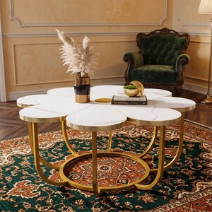 White Gold Coffee Table, Flower Coffee Table, Faux Marble Coffee Table, Modern Floral Accent Table, Metal Frame Living Room Table