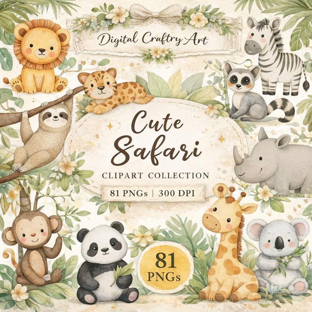 Cute Safari Animals Clipart Bundle 81 PNG Boho Baby Jungle Watercolor ...