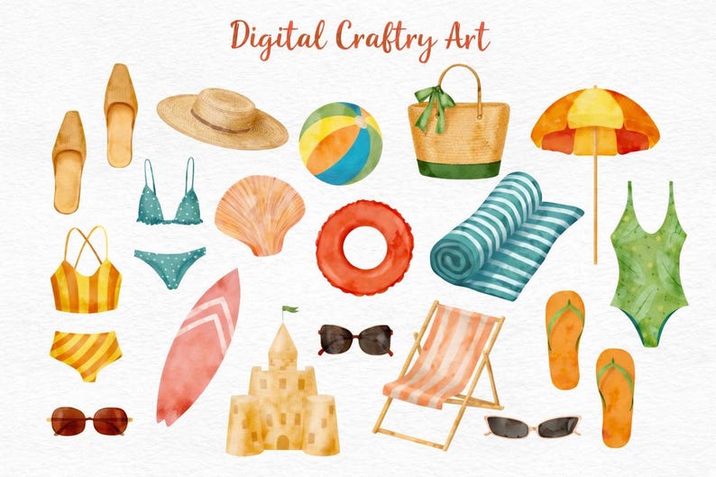 Summer Beach Clipart Bundle – 28 PNG Watercolor Beach Elements, Summer ...