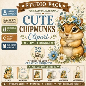 Peut inclure: Un ensemble de cliparts aquarelle avec un mignon chipmunk portant une couronne de fleurs. L'image comprend le texte "Cute Chipmunks Clipart" et "Studio Pack". Le pack comprend 32 fichiers PNG, parfaits pour les projets créatifs.