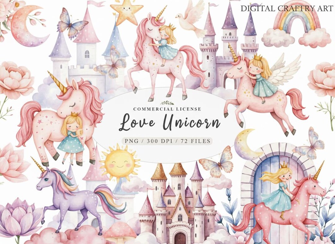 Love Unicorn Clipart Bundle 72 PNG Pastel Princess Watercolor ...
